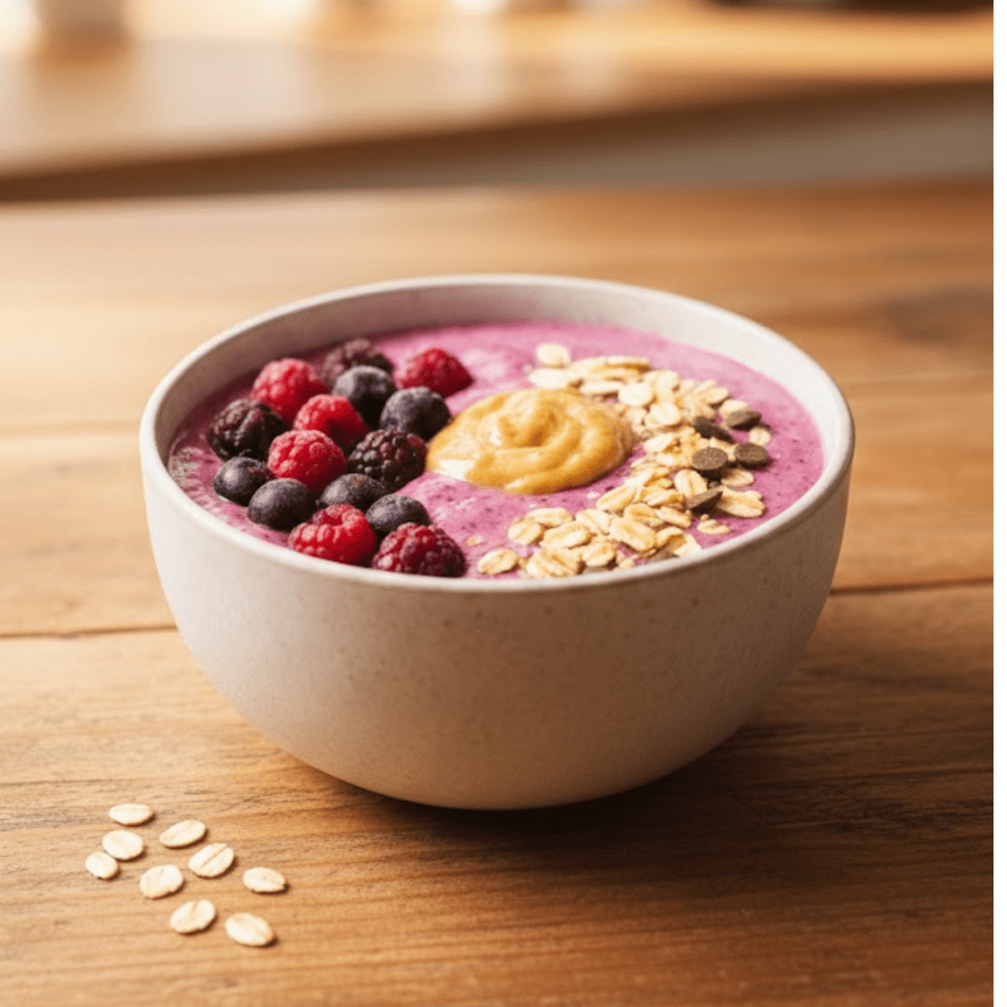 Collagen smoothie bowl with forest fruits, flakes and nut butter